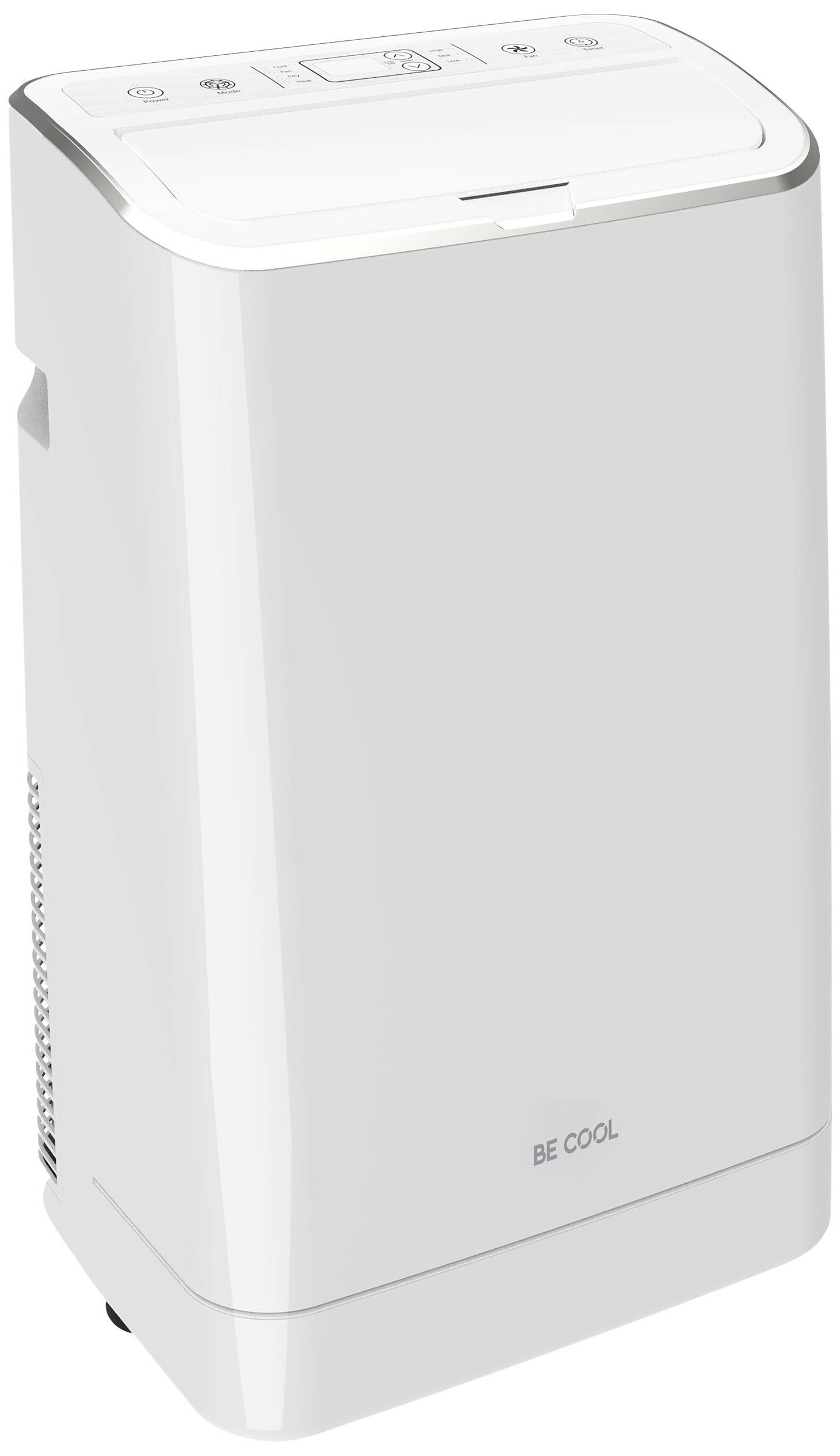 Climatiseur portable blanc avec panneau de commande numérique sur le dessus. L'appareil est rectangulaire et compact, doté de sorties d'aération sur le côté.