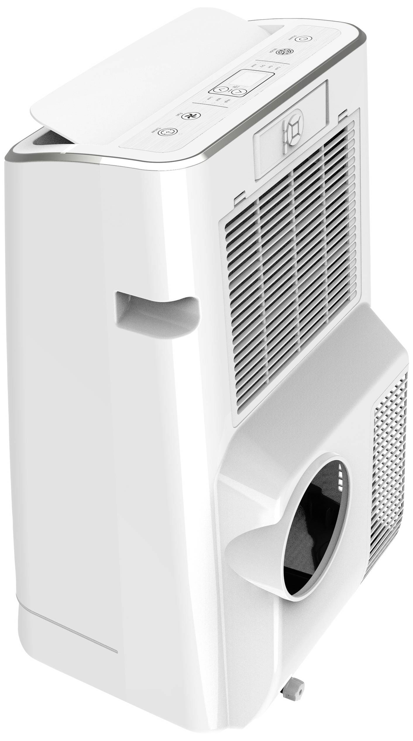 Un purificateur d'air blanc moderne avec une sortie d'air en haut et une entrée d'air à l'avant. Le dessus montre l'interface utilisateur avec des boutons de commande.