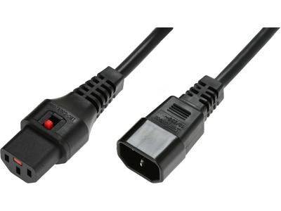 Illustration d'un câble électrique noir avec des fiches IEC : à gauche une fiche femelle et à droite une fiche mâle.