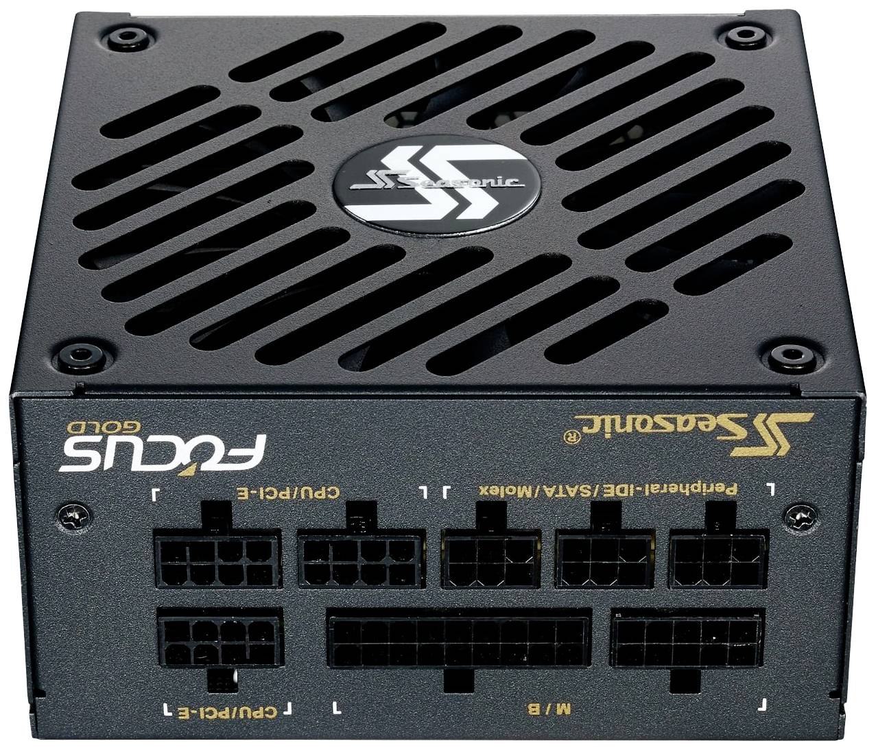 Bloc d'alimentation noir Seasonic Focus Gold avec différentes connexions pour processeur, carte graphique et périphériques.