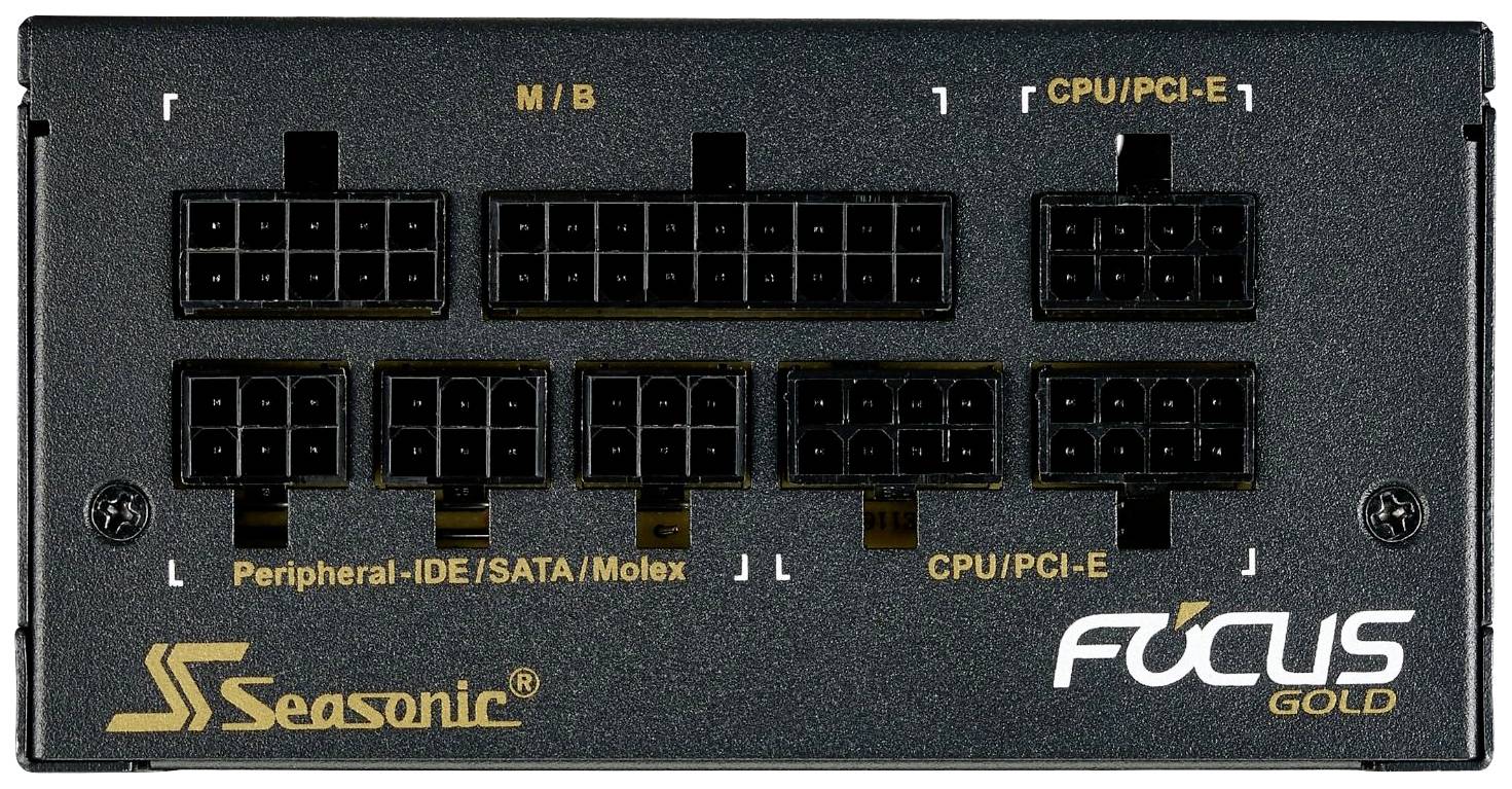 Bloc d'alimentation 'Seasonic Focus Gold' avec panneau de connexion comprenant des ports pour carte mère, CPU/PCI-E, périphériques. Marquages pour une orientation facilitée.
