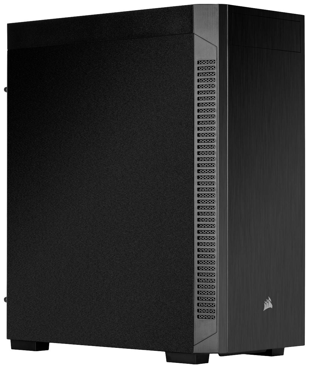 Boîtier d'ordinateur noir au design minimaliste, avec des fentes de ventilation sur le côté et un logo de marque en bas à droite de la façade.