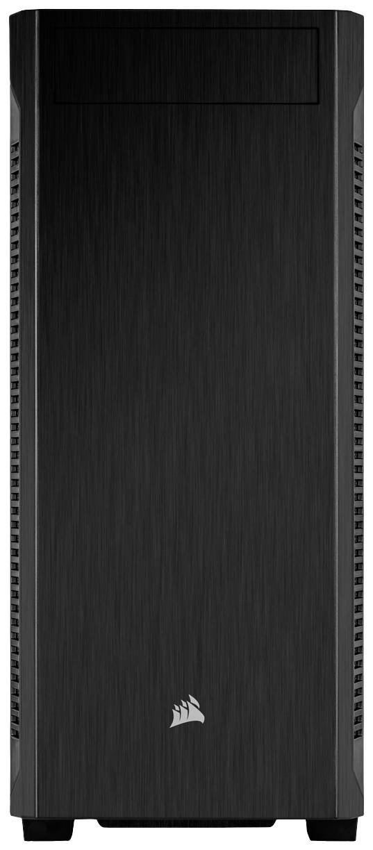 Un boîtier d'ordinateur noir de forme rectangulaire, doté de fentes d'aération sur les côtés et présentant un design épuré et moderne.