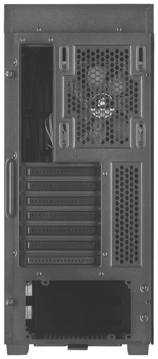 Dos d'un boîtier d'ordinateur avec un ventilateur, plusieurs emplacements d'extension et un compartiment d'alimentation visible en bas.