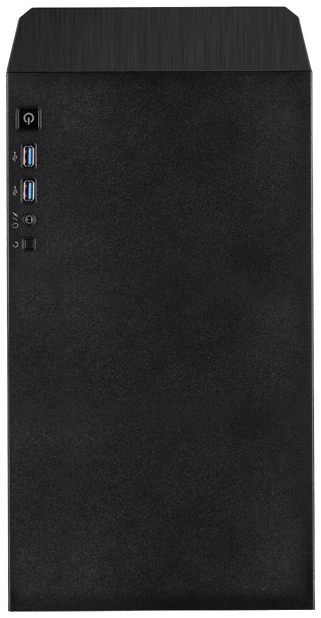 Boîtier d'ordinateur noir avec quatre ports à l'avant du côté gauche : deux ports USB, un port pour casque et un port pour microphone.