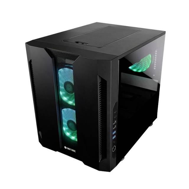 Boîtier d'ordinateur noir avec deux ventilateurs éclairés qui brillent en bleu et vert. Le panneau latéral transparent offre une vue de l'intérieur.