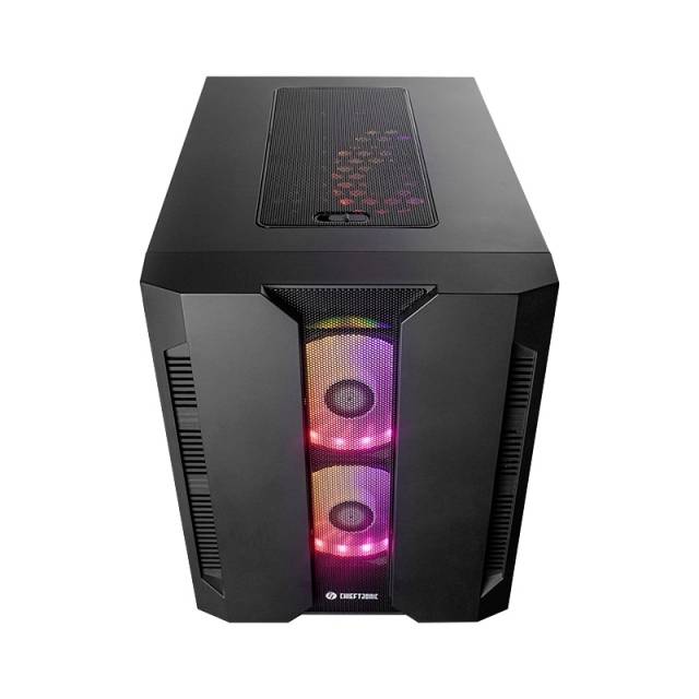 Un boîtier d'ordinateur noir avec des ventilateurs visibles qui brillent dans des couleurs LED colorées, et une grille en haut pour la ventilation.