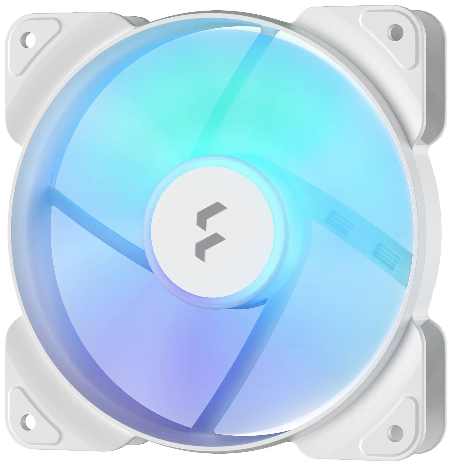 Un ventilateur d'ordinateur avec un éclairage LED bleu vif, monté dans un boîtier blanc, destiné à refroidir des composants électroniques.