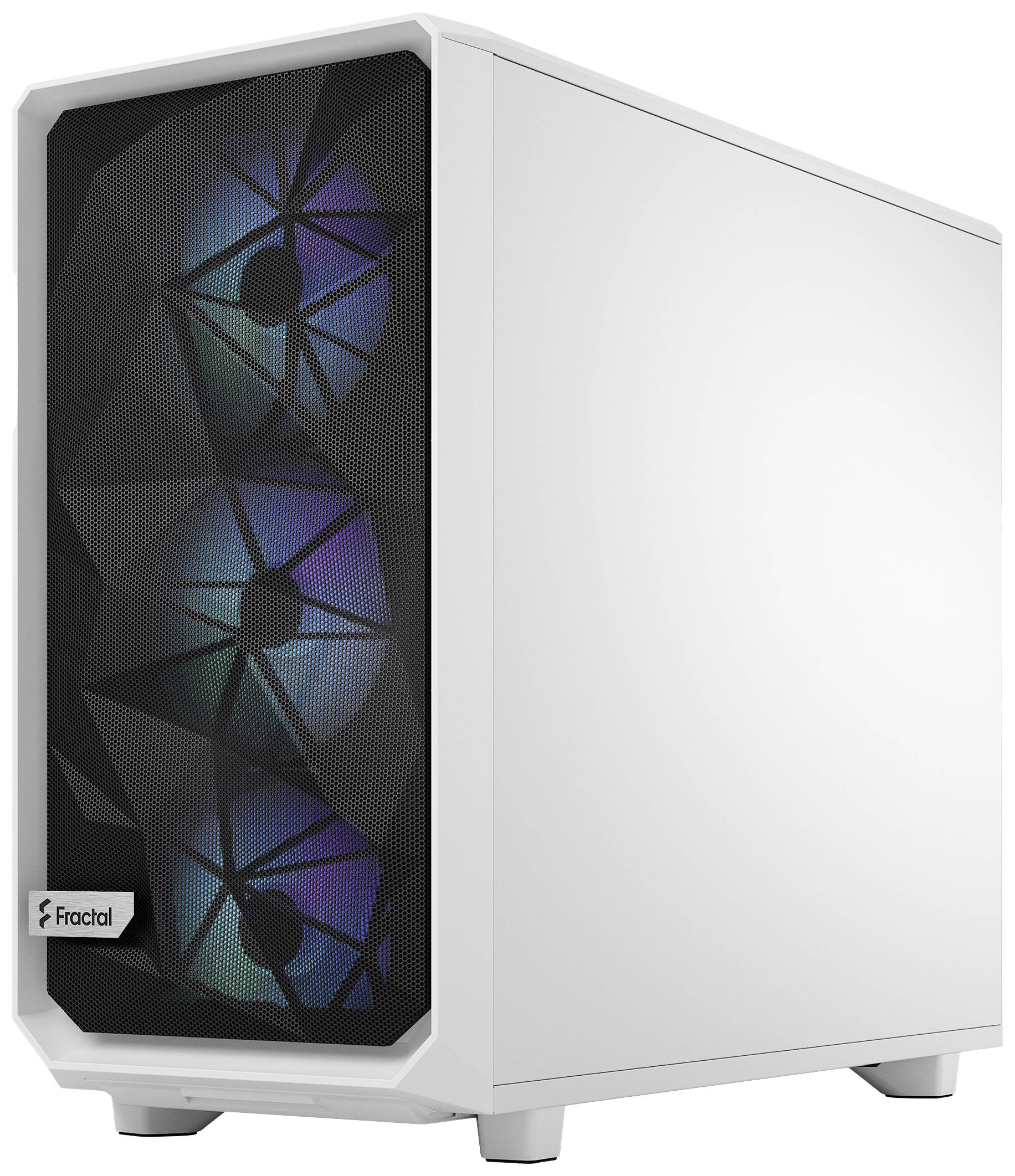 Boîtier d'ordinateur blanc de Fractal avec deux ventilateurs éclairés à l'avant. Design moderne, adapté aux PC de gaming.