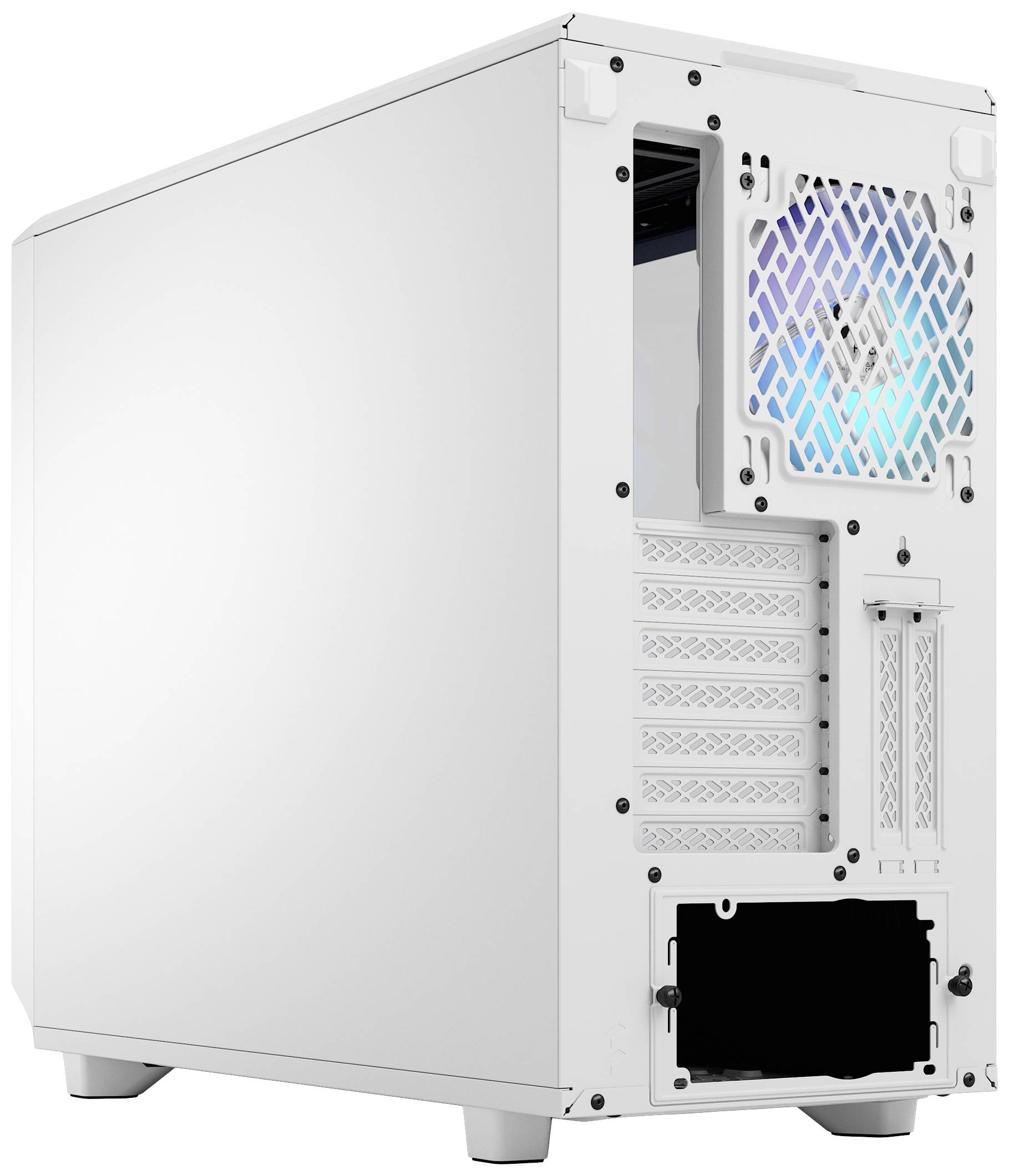 Boîtier d'ordinateur blanc avec un ventilateur sur le côté et plusieurs emplacements à l'arrière.