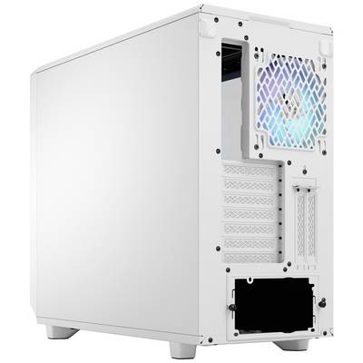 Boîtier d'ordinateur blanc avec un ventilateur sur le côté et plusieurs emplacements à l'arrière.