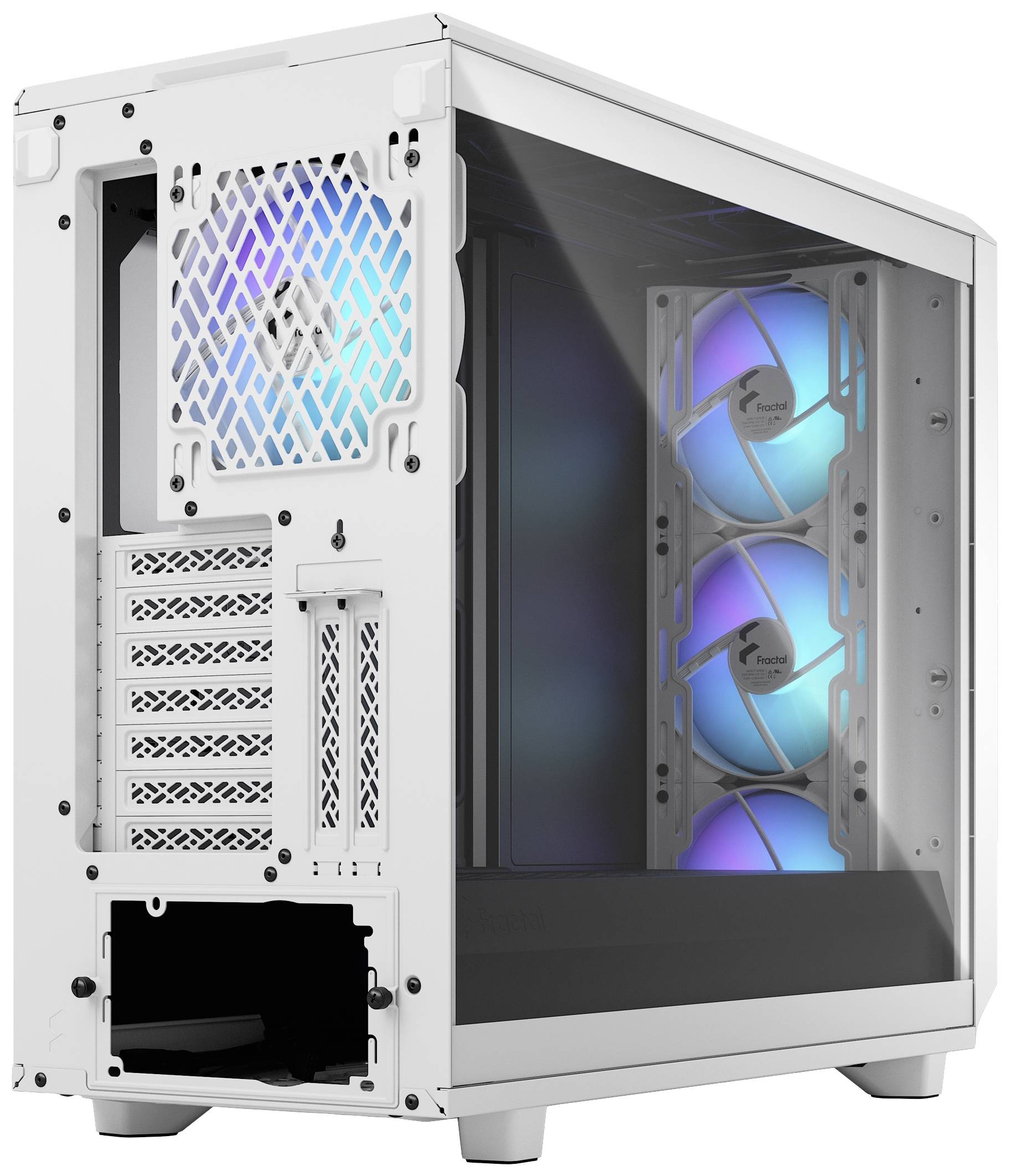 Un boîtier d'ordinateur blanc avec un panneau latéral transparent, montrant trois ventilateurs illuminés. L'arrière du boîtier est également visible.