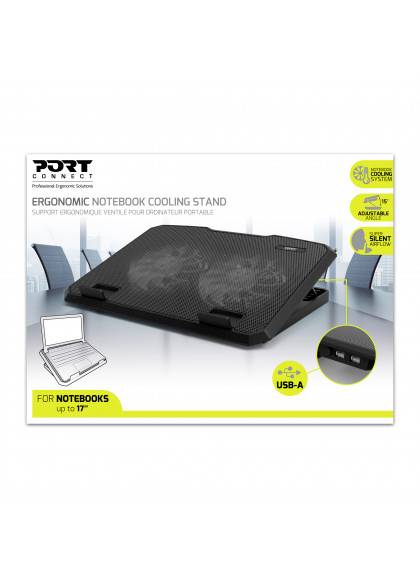 Support de refroidissement ergonomique pour ordinateur portable avec port USB-A, compatible avec les ordinateurs portables jusqu'à 17 pouces. Ventilateur à fonctionnement silencieux.