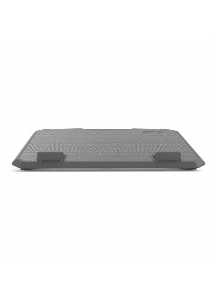 Support de refroidissement pour ordinateur portable en métal brossé avec surface légèrement inclinée et deux pieds réglables pour améliorer la circulation de l'air.