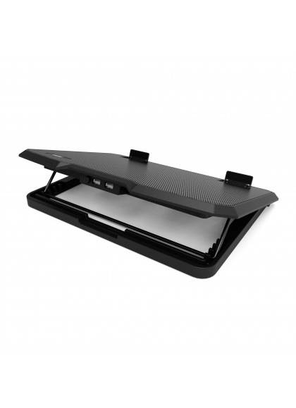 Un support pour ordinateur portable en noir avec fonction d'inclinaison et trous de ventilation, adapté pour un meilleur refroidissement et une manipulation ergonomique.