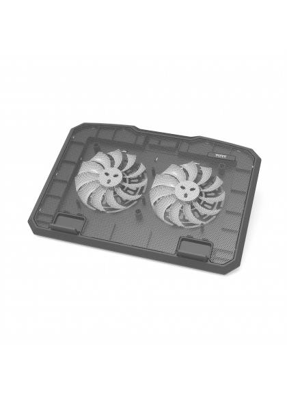 Un refroidisseur noir pour ordinateur portable doté de deux grands ventilateurs destinés à refroidir l'ordinateur portable. Adapté pour une utilisation sur un bureau.
