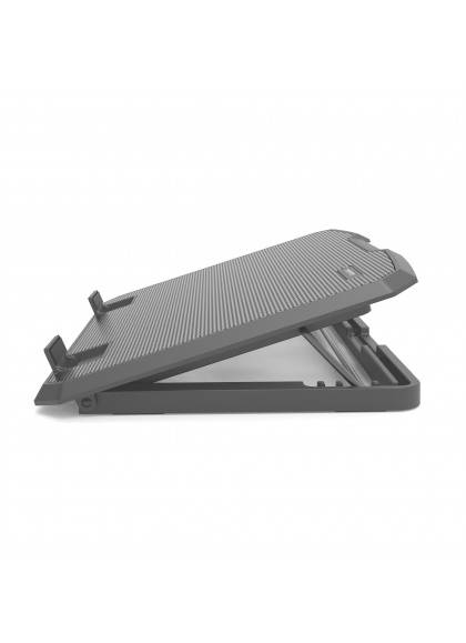 Un support d'ordinateur portable noir vu de côté, partiellement ouvert. Il présente une surface texturée avec deux supports de fixation.