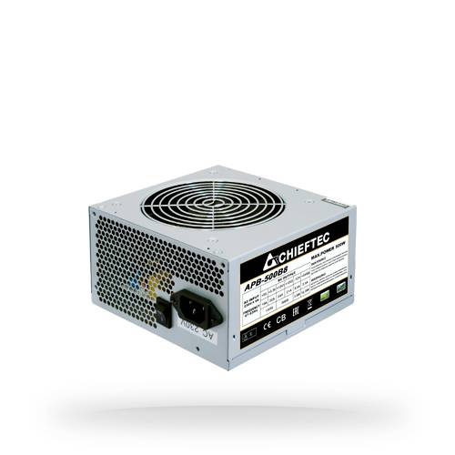 Un bloc d'alimentation avec ventilateur et plusieurs connecteurs, modèle 'Chieftec APB-500B8', adapté aux ordinateurs de bureau.