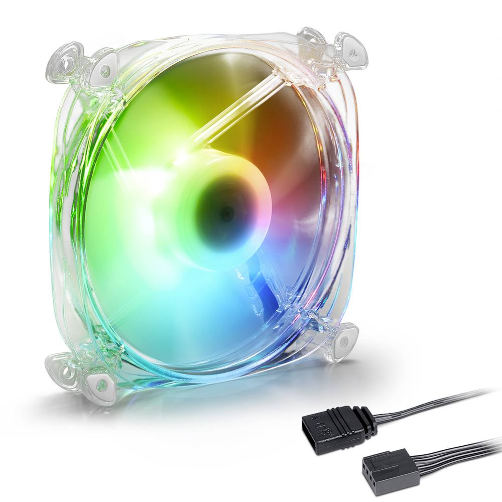 Un ventilateur d'ordinateur transparent avec un éclairage RGB coloré et des câbles au premier plan.