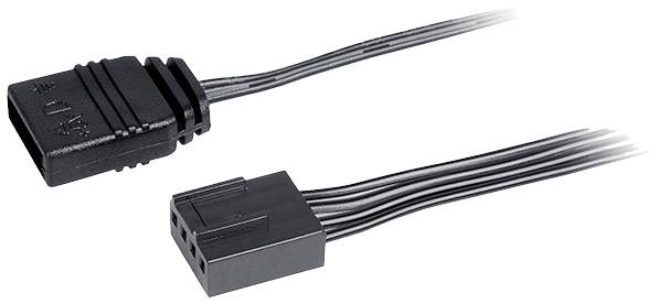 'Câble de ventilateur noir avec deux connecteurs, l'un avec trois broches, l'autre avec quatre. Les deux sont connectés entre eux.'