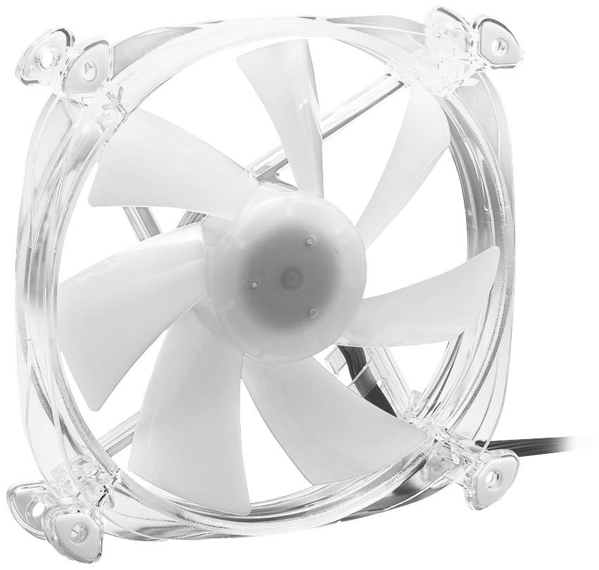 Ventilateur d'ordinateur transparent avec des pales et un cadre translucides, des vis fixées ; symbolise le refroidissement et la circulation d'air dans un PC.