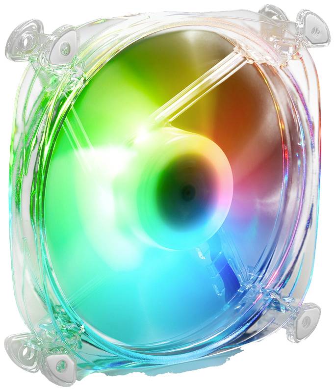 Un ventilateur d'ordinateur carré dans un boîtier transparent brille dans différentes couleurs arc-en-ciel tout en tournant.