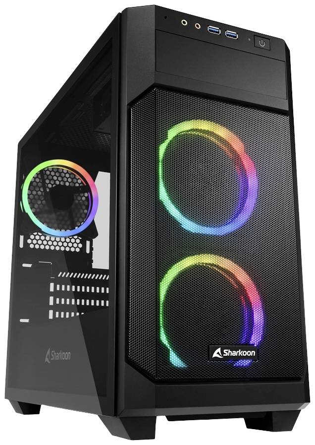 Boîtier PC noir avec deux ventilateurs RGB lumineux à l'avant et un à l'arrière. Marque : Sharkoon. Adapté pour la construction d'ordinateur.