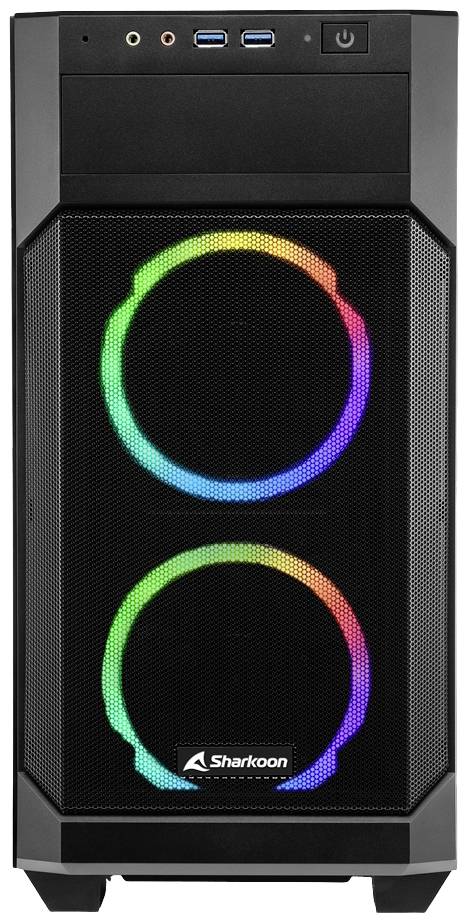 Boîtier d'ordinateur noir avec ventilateur à LED commandé des deux côtés sur la façade avant, marque Sharkoon identifiable.