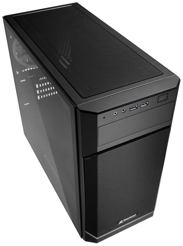 Un boîtier d'ordinateur noir avec des ports USB et des grilles de ventilation sur le dessus, adapté aux ordinateurs de bureau.