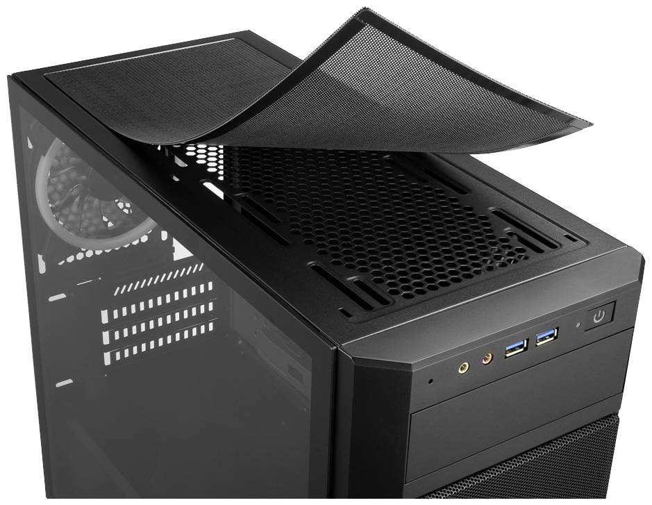 Un boîtier d'ordinateur noir avec un filtre anti-poussière supérieur amovible. On peut voir plusieurs ports USB et le bouton d'alimentation.