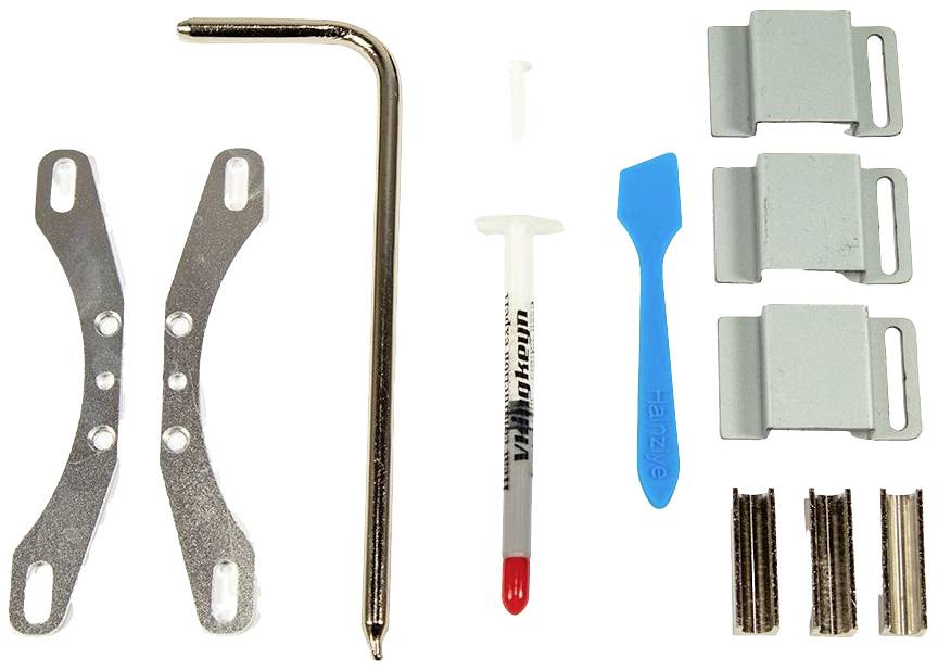 Un kit d'ordinateur montre des supports métalliques, une clé Allen, de la pâte thermique, une spatule en plastique et des pièces de montage.