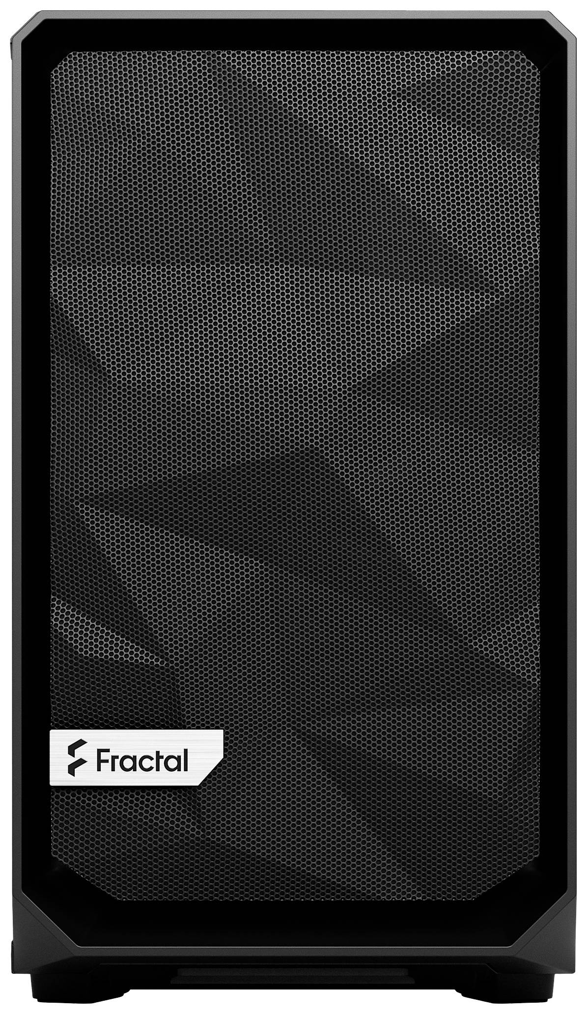 Un boîtier d'ordinateur noir avec un design géométrique sur la façade. Le logo de la marque 'Fractal' est visible en bas à gauche.