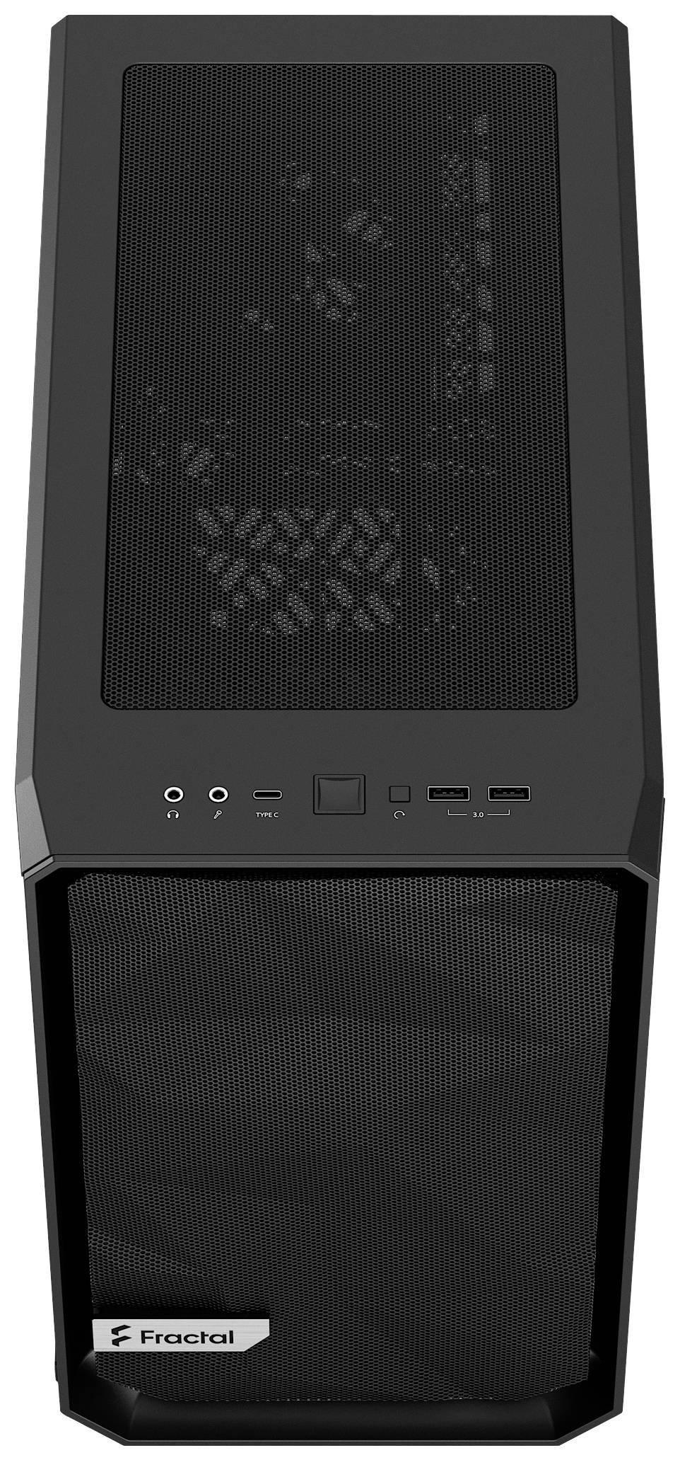 Un boîtier d'ordinateur noir vu de face, avec une grille d'aération en haut, plusieurs ports de connexion et le logo de la marque Fractal en bas à gauche.