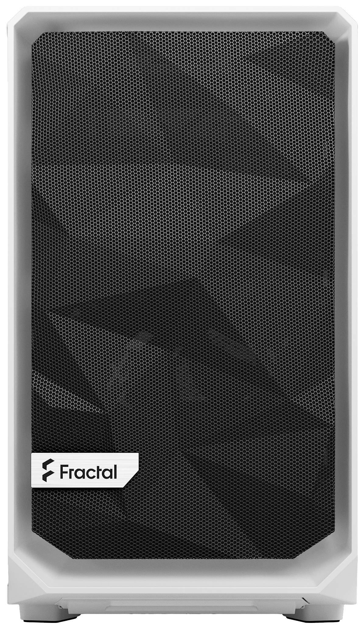 Un boîtier d'ordinateur blanc de Fractal avec un avant en maille noire, assurant une ventilation améliorée.