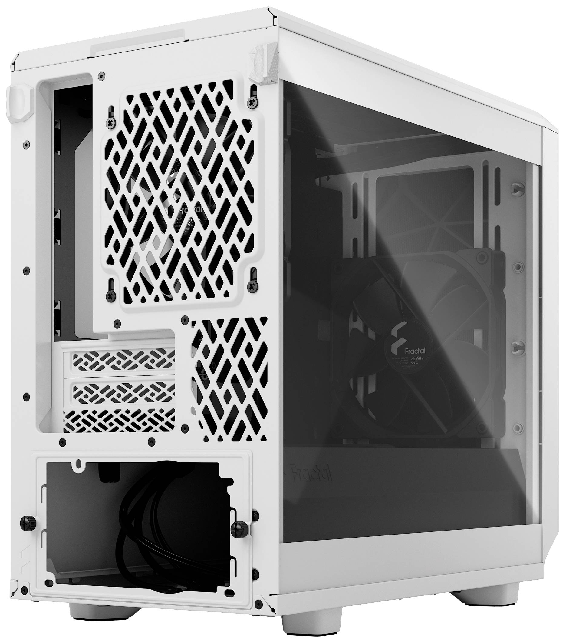 Un boîtier d'ordinateur blanc avec un panneau latéral transparent révèle des ventilateurs et des ouvertures de boîtier ; la face arrière présente des ports ouverts.