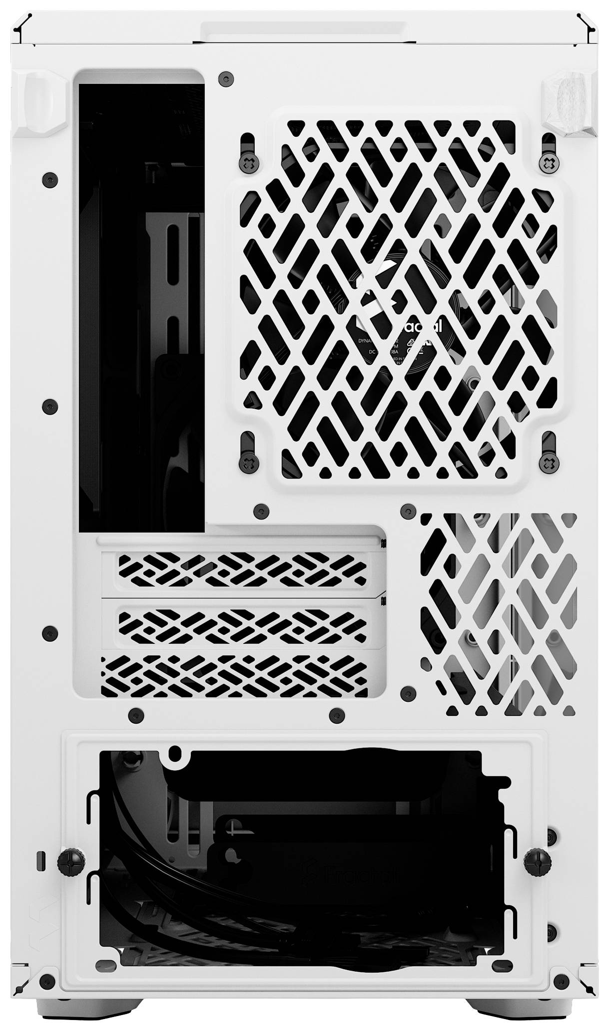 Arrière d'un boîtier d'ordinateur blanc avec des fentes d'aération et des emplacements pour cartes d'extension.