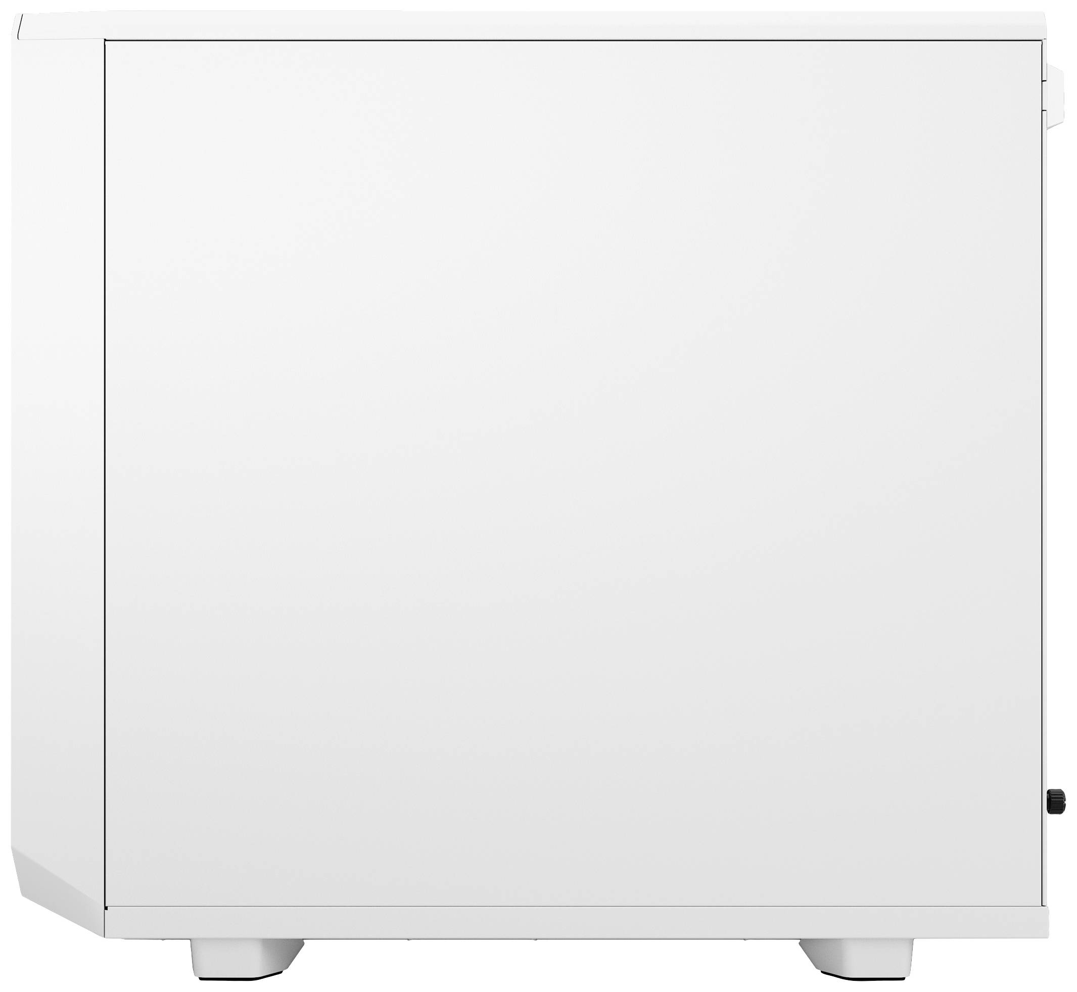 Une boîte blanche rectangulaire à surface lisse, potentiellement un appareil électroménager ou un meuble, sur un fond gris.