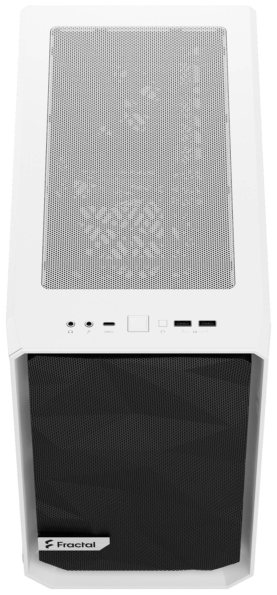 Boîtier d'ordinateur blanc de Fractal avec une grille avant noire, plusieurs ports en haut et un couvercle aéré.