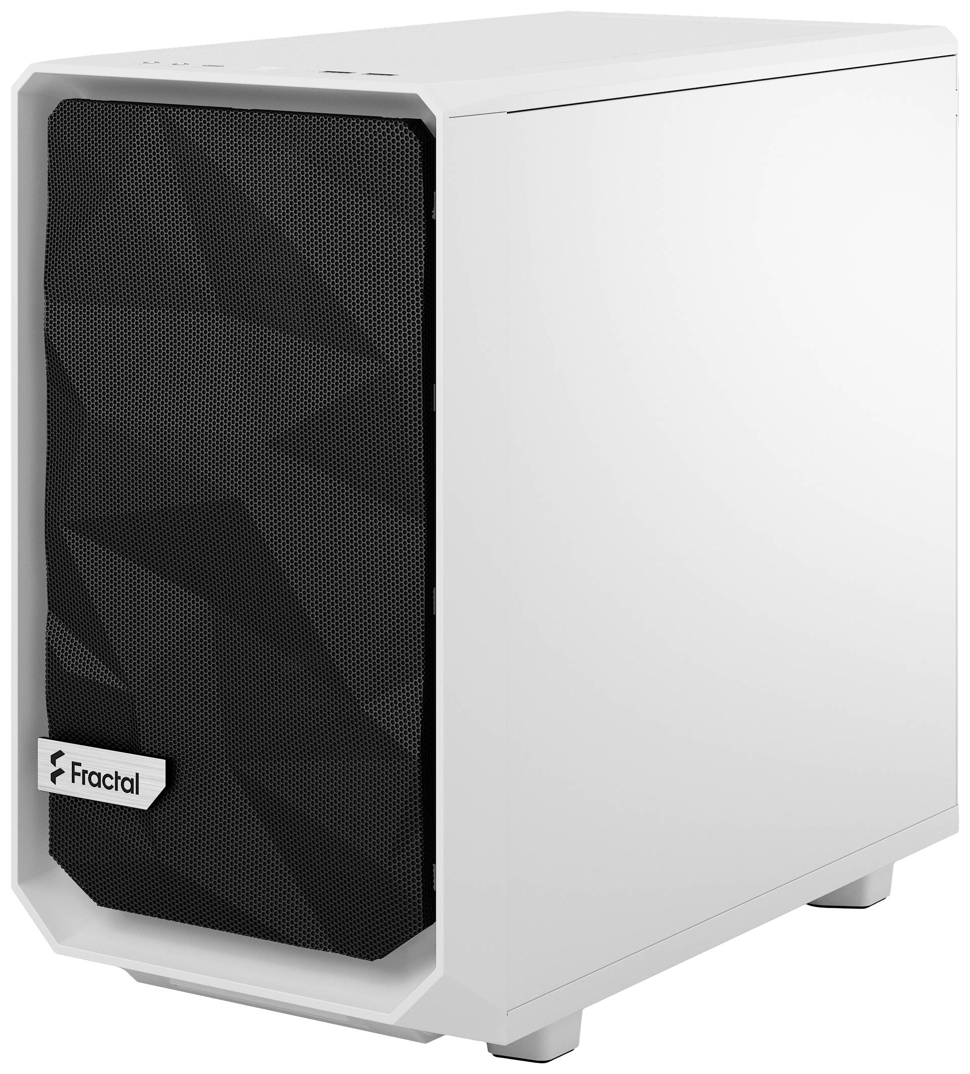 Boîtier d'ordinateur blanc avec un panneau avant noir texturé et le logo de la marque visible en bas à gauche.