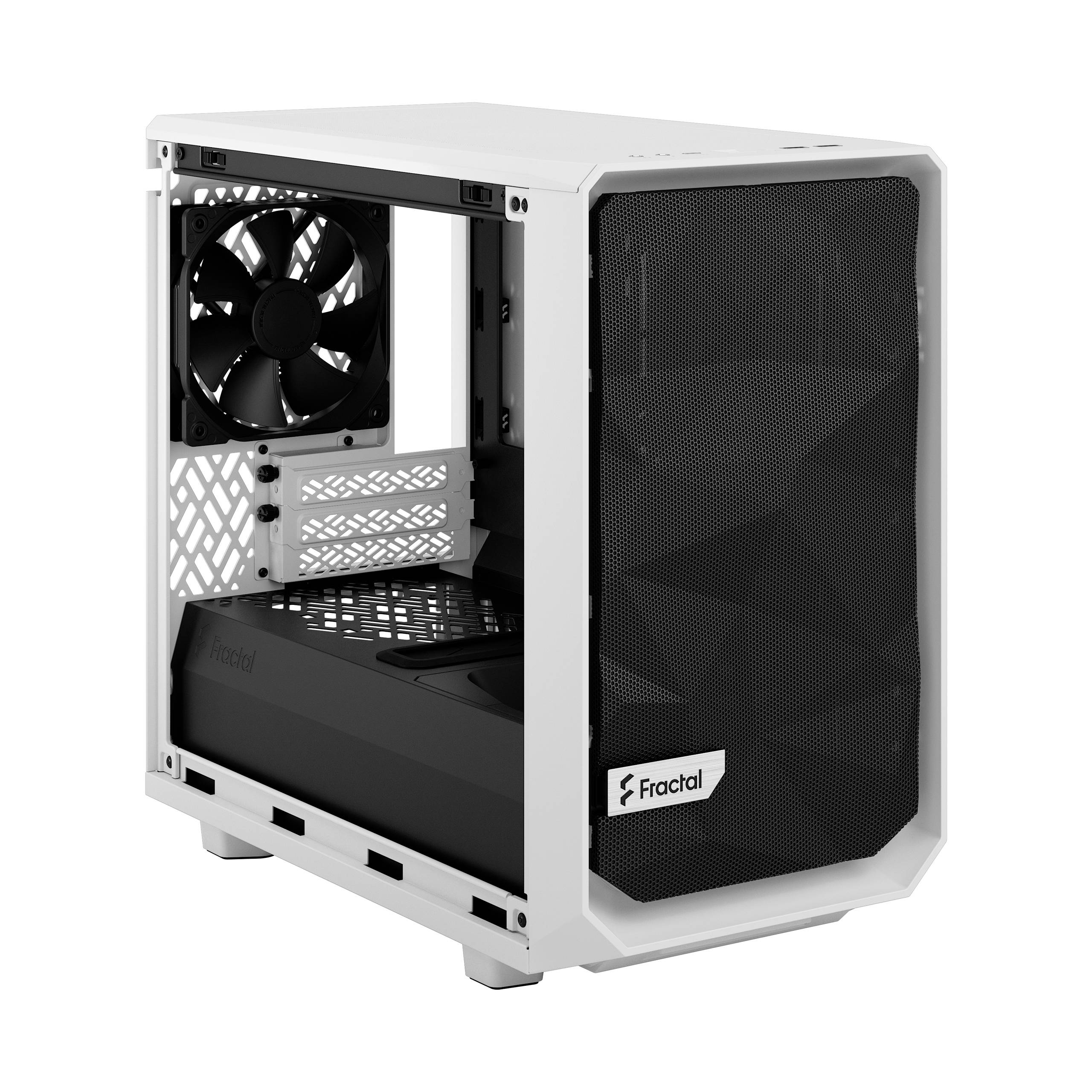 Un boîtier d'ordinateur blanc avec façade noire, côté ouvert et ventilateur visible à l'arrière. Marque 'Fractal'.
