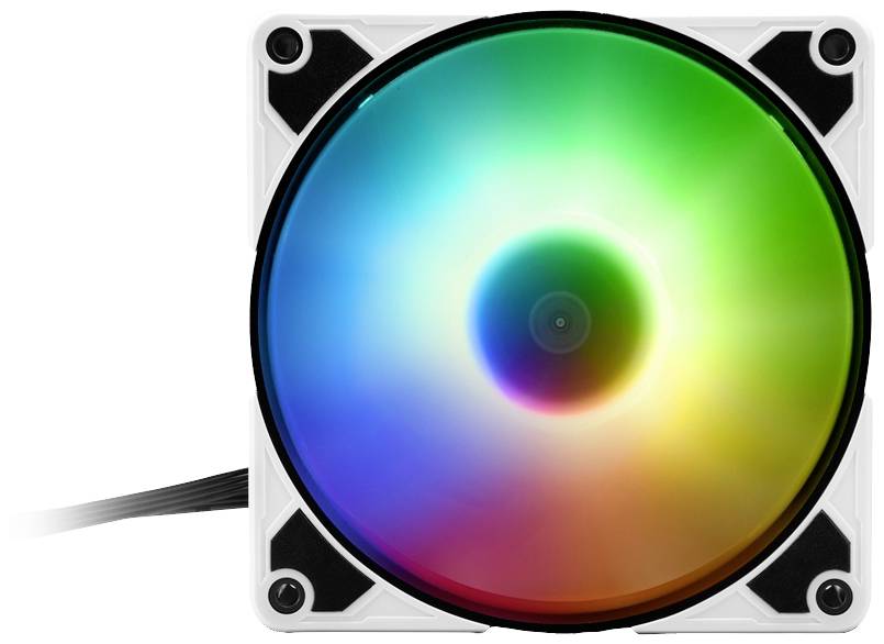 Un ventilateur d'ordinateur avec des LED RVB brille dans des couleurs arc-en-ciel vives.