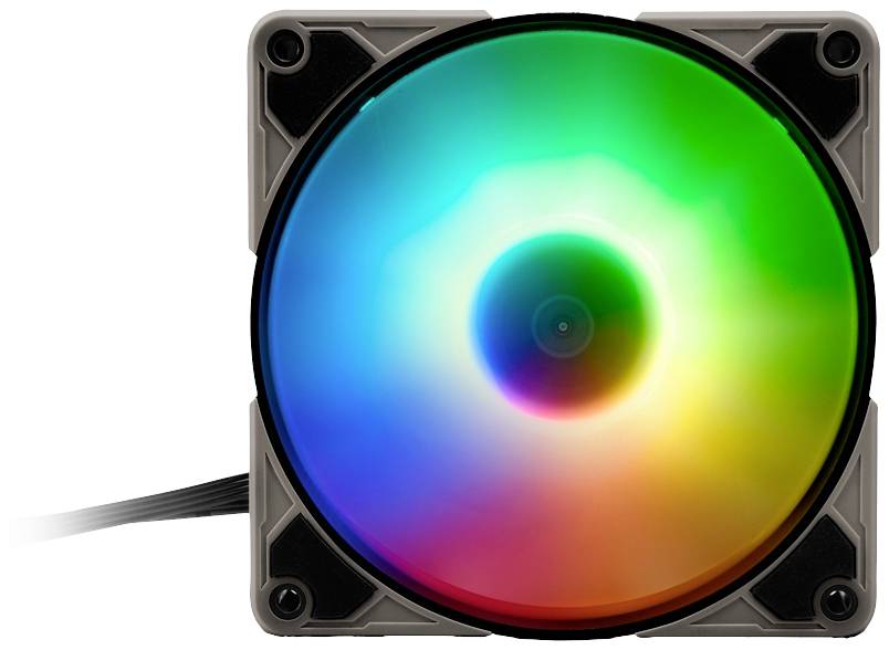 Un ventilateur d'ordinateur lumineux avec éclairage RVB s'étendant du rouge au vert jusqu'au bleu ; câble d'alimentation visible à gauche.