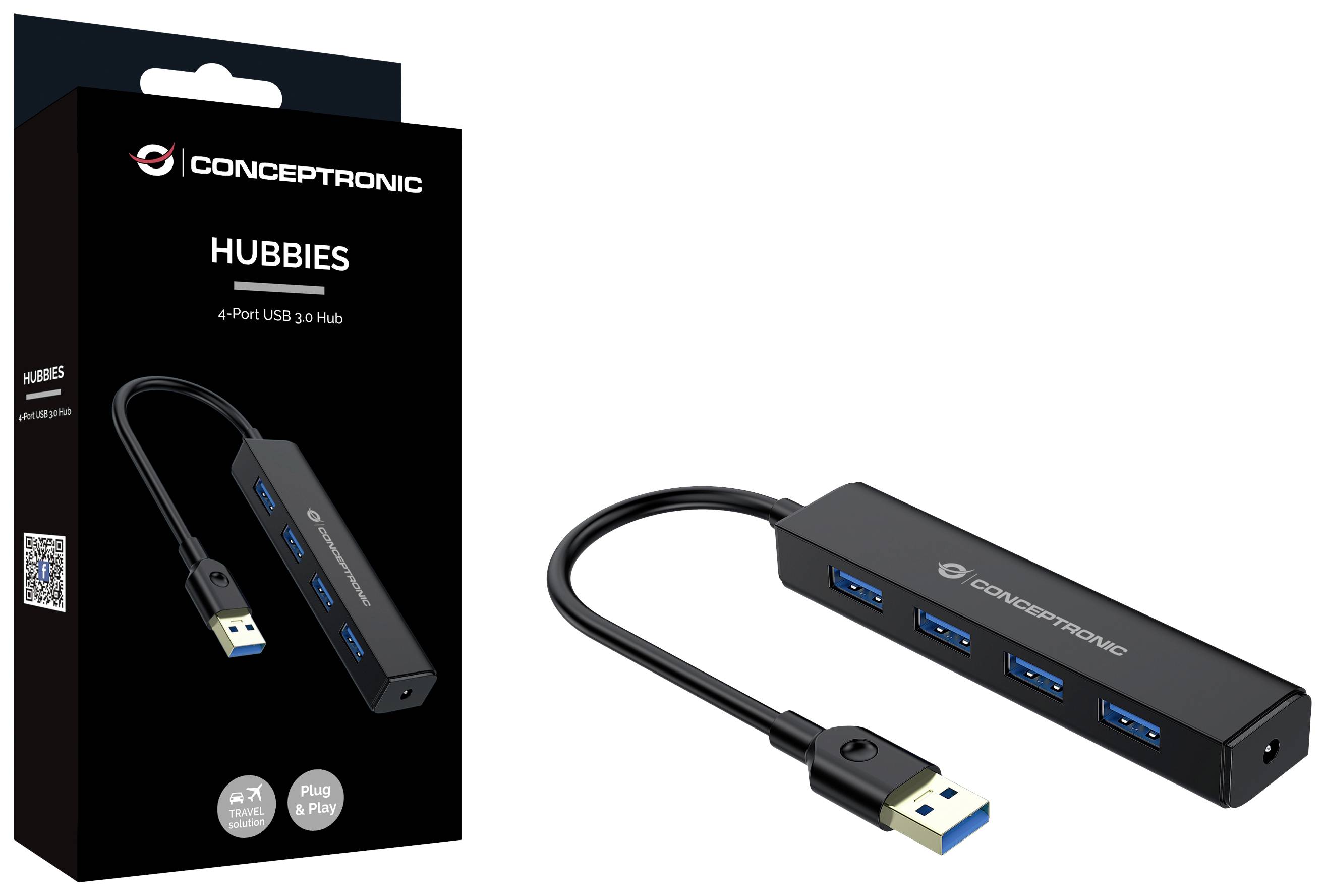 Hub USB avec quatre ports USB 3.0 bleus et son emballage fourni. Le nom du produit 'HUBBIES' est visible sur l'emballage.