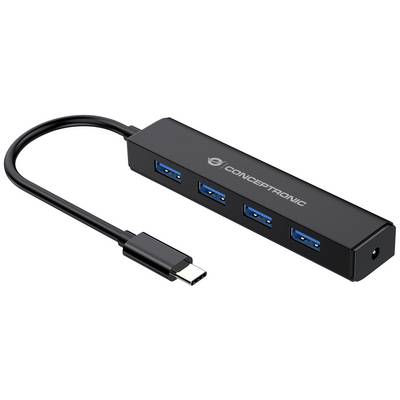 Hub USB-C noir avec quatre ports USB 3.0 bleus, un câble noir et l'inscription 'CONCEPTRONIC' sur le dessus.