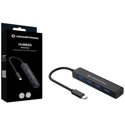 Un hub USB noir avec quatre ports USB 3.0 bleus et un port USB-C. L'emballage présente l'image du produit et le nom de la marque.