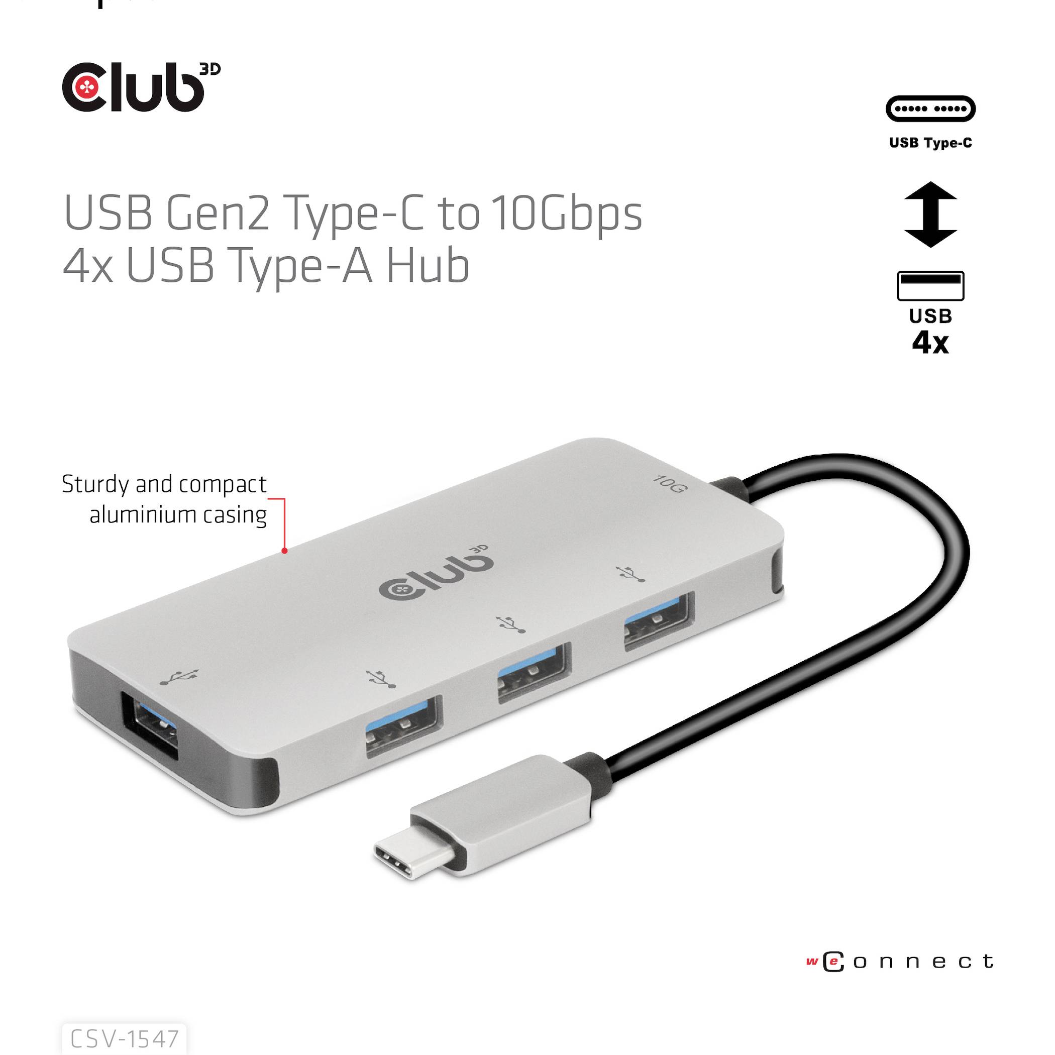 Un hub USB argenté avec quatre ports USB Type-A et un emplacement USB Type-C, décrit comme stable et compact.