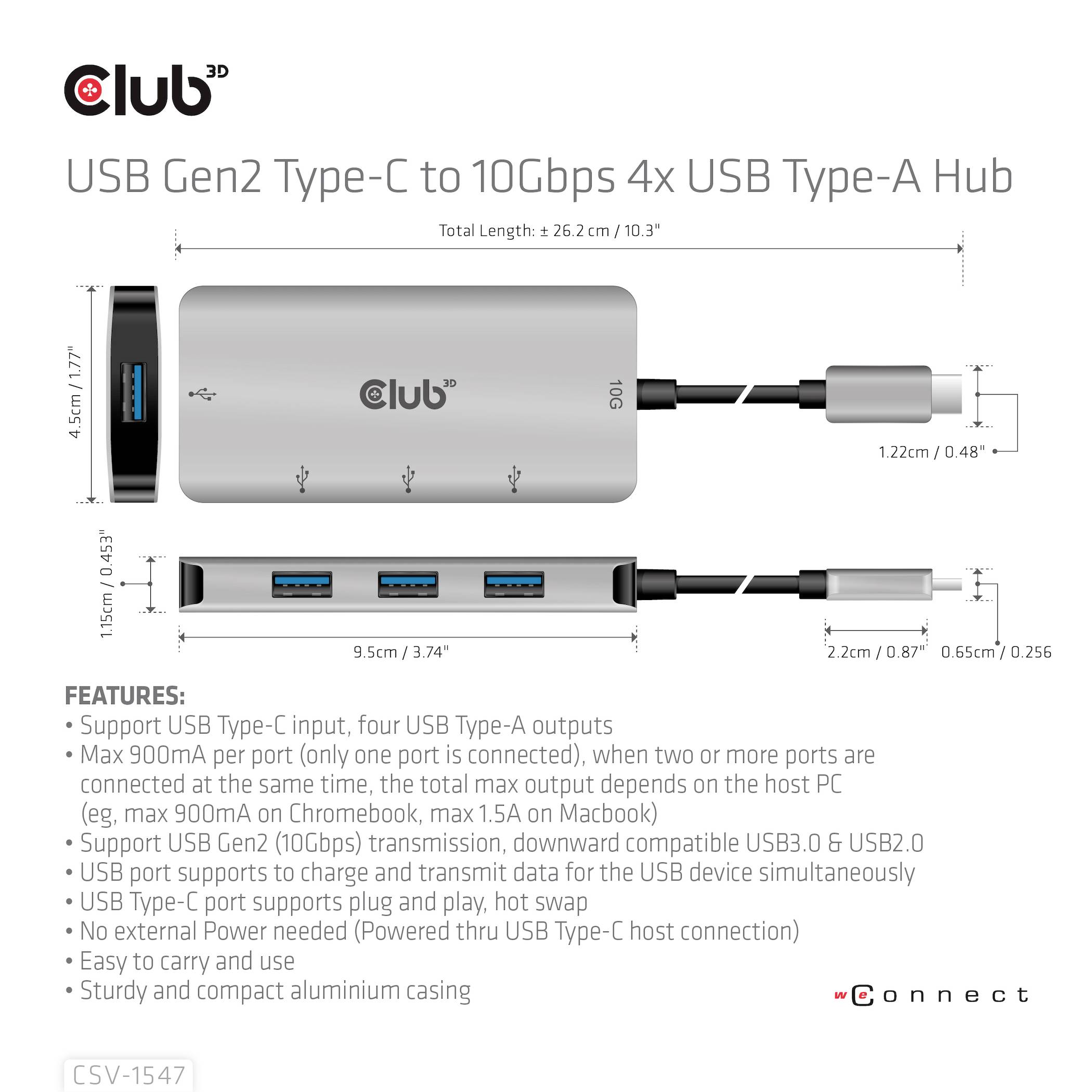 Hub USB Gen2 Type-C vers 4x USB Type-A avec débit de 10 Gbps. Un hub USB gris doté de quatre ports USB-A et d'une connexion USB-C. Dimensions : 11,5 x 4 x 1,5 cm. Comprenant plusieurs caractéristiques de performance.