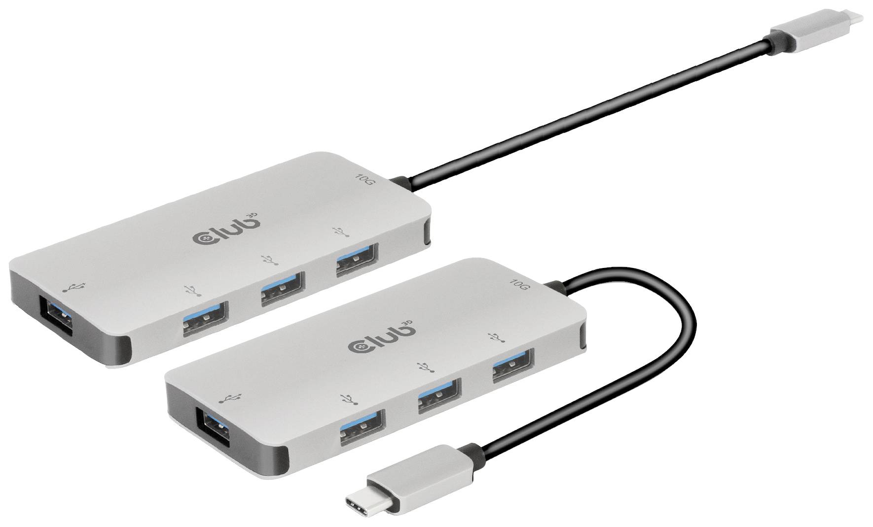 Deux concentrateurs USB argentés avec plusieurs ports ; l'un dispose de quatre ports USB-A et un port HDMI, l'autre de trois ports USB-A et un port HDMI.