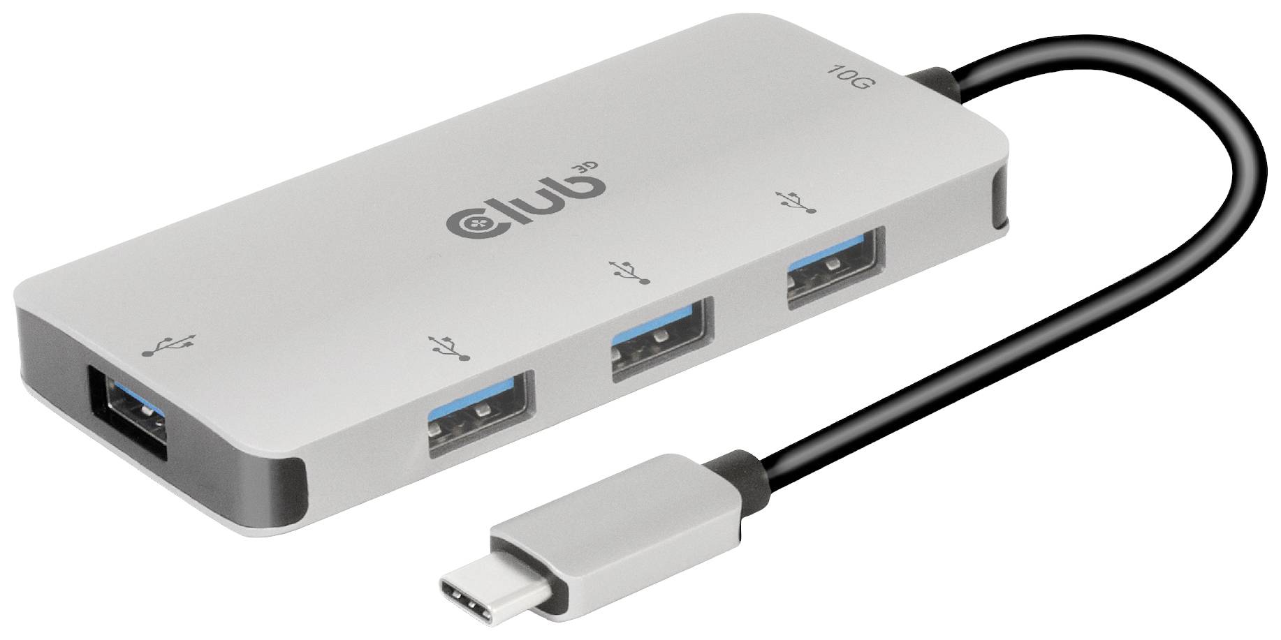 Hub USB avec quatre ports, dont trois ports USB et un port USB-C. Le hub est de couleur argent avec un câble noir.