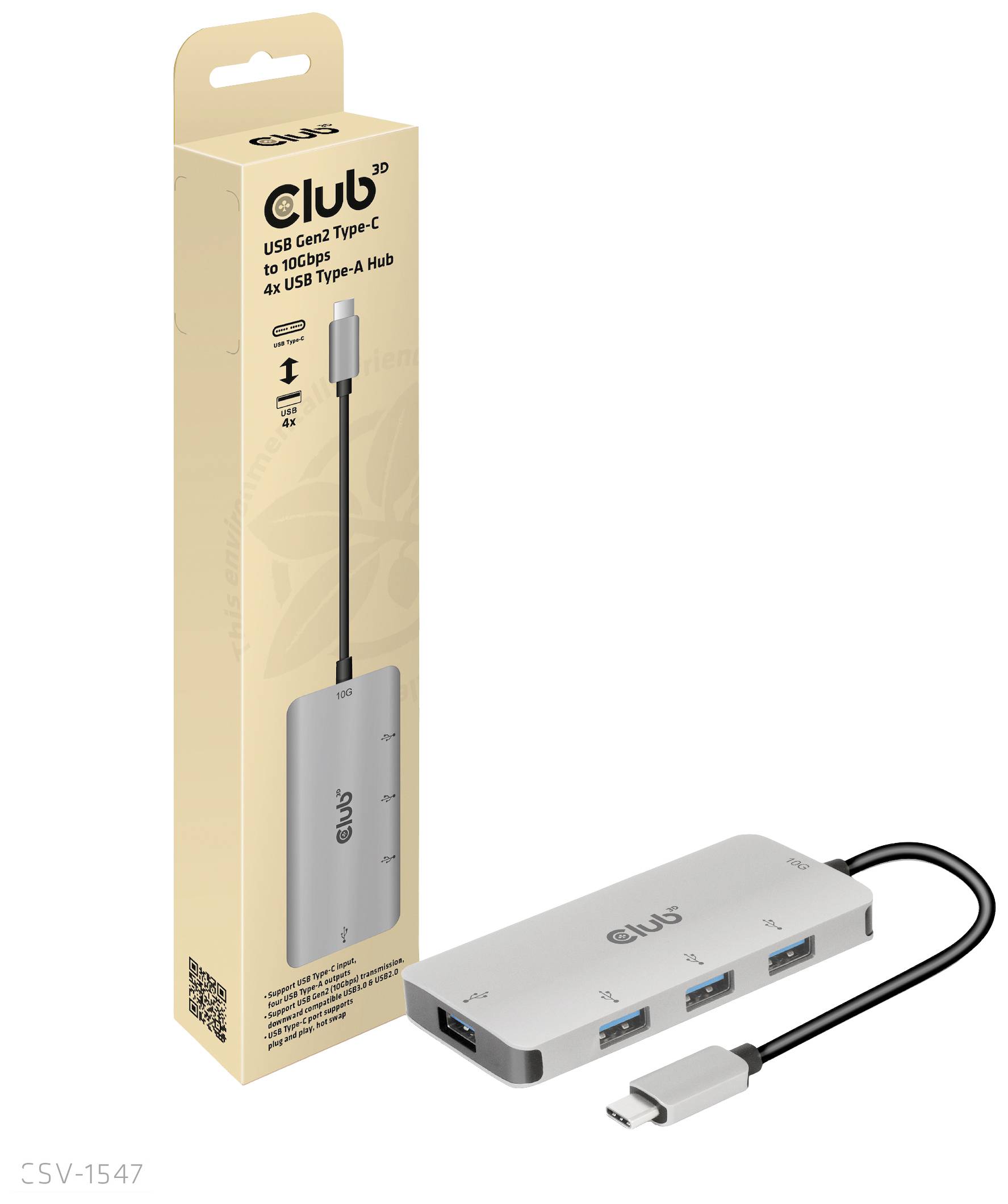 Un hub USB-C vers USB-A à quatre ports, illustré avec son emballage. Utilisé pour étendre les connexions sur les ordinateurs.